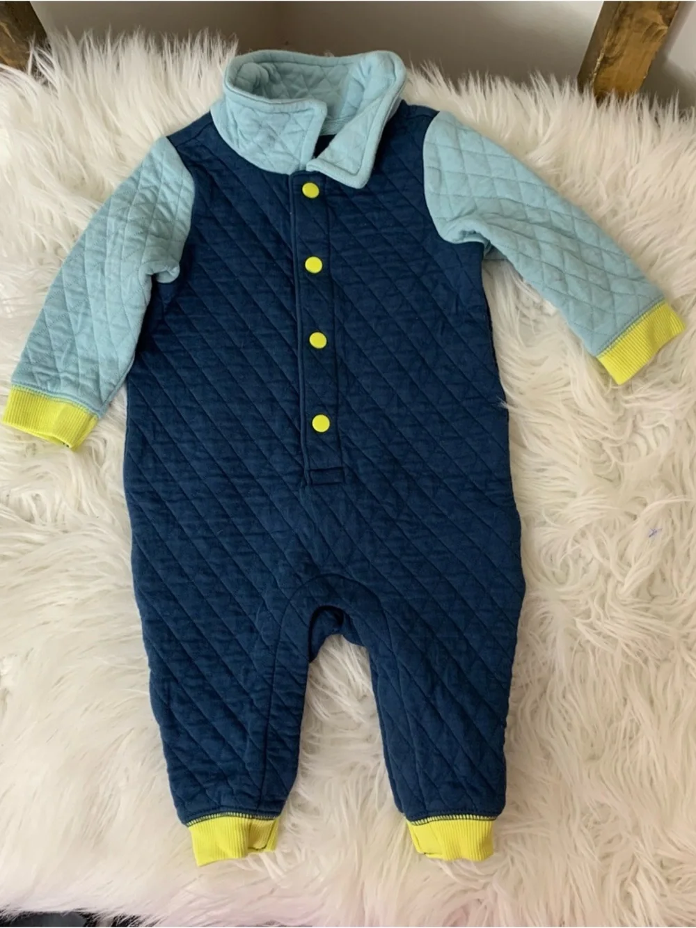 Old Navy Quilted Navy & Light Blue Baby One-Piece with Yellow Accents Size 3-6M